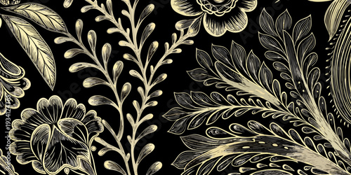 Detailed floral pattern featuring sketched leaves and blossoms on black