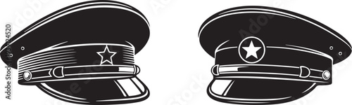 Two military officer caps with and without insignia side view