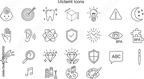 Minimalist Black Line Icon Set Featuring Target Dental Care Lightbulb Idea and Artistic Tools for Educational Materials Product Manuals and Interface Design