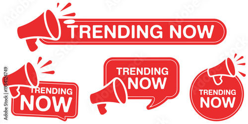 Trending Now Icon Set with Text and Megaphone, vector illustration, simple, minimalist, modern, social media, marketing, promotion, banner, graphic