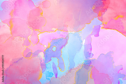 Abstract colorful background with watercolor spots and golden splashes.
