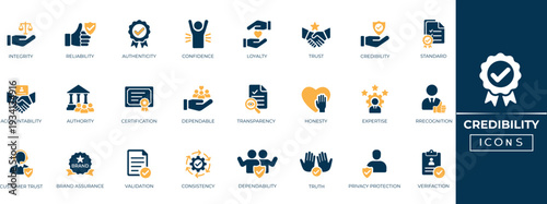 Credibility trust solid icon set for quality assurance, brand reliability, compliance, security verification, and customer satisfaction. Solid vector icon collection.