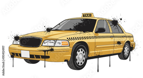 Yellow taxi cab with black paint splatters