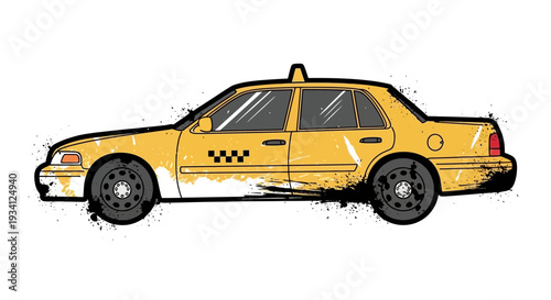 Yellow taxi car icon with grunge texture, urban transport symbol