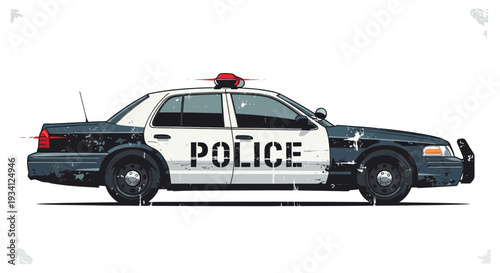 Classic police cruiser car, side view, white background
