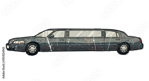 Dilapidated Limousine, Rusty Luxury Car Illustration