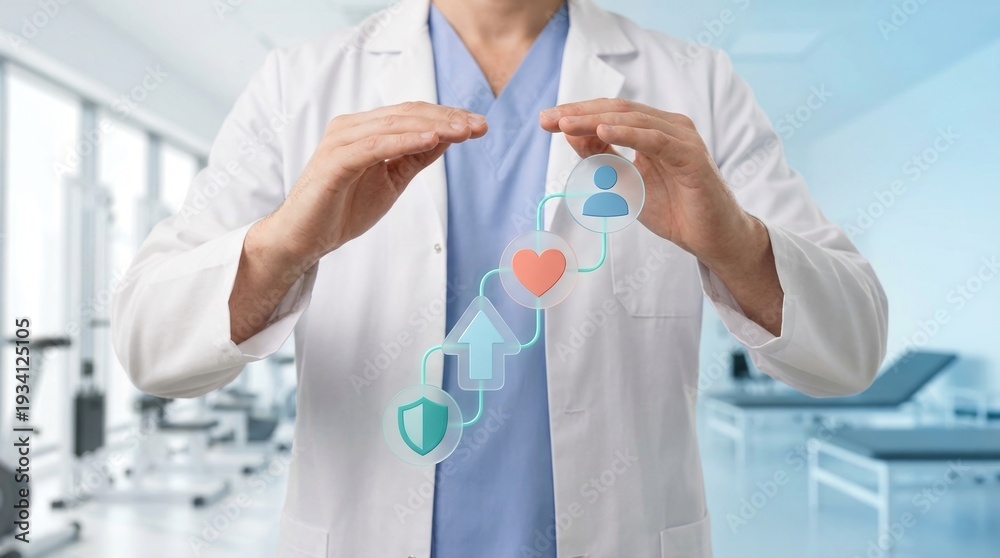 Fototapeta premium doctor, healthcare, medical, health insurance, patient care, protection, wellness concept with physician holding digital icons in a clinic representing security and growth.