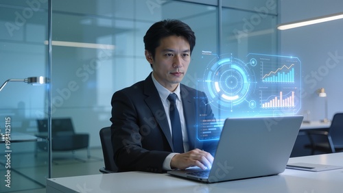 Businessman working on laptop with hologram