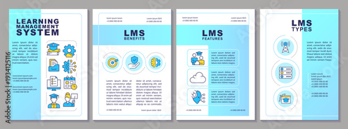Learning management system brochure layout. Educational platform, studying software. Leaflet advertising design with color line icons. Editable 4 pages. Arial-Black, Myriad Pro-Regular fonts used