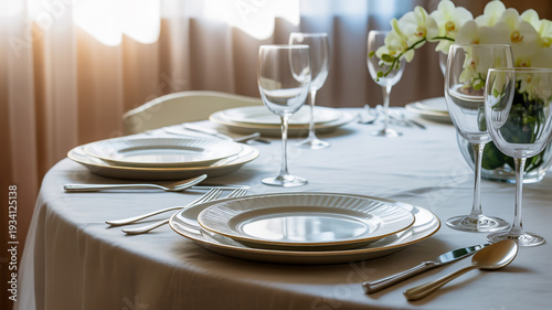 Elegant dining table set for a formal dinner event indoors with fine china and flowers