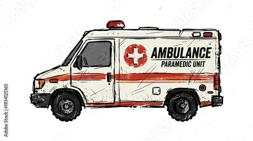 Hand-drawn ambulance vehicle with red cross emblem and text