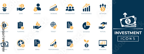 Investment icon set collection. Investor, Portfolio, Trategy, Success, Dividend, Profit, Asset, Risk, and Inflation icon collection. Solid vector icon collection.