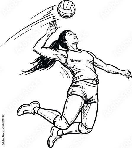 Female volleyball player spiking ball vector illustration