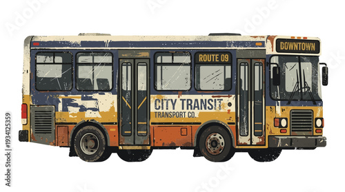Old weathered city bus with rust and peeling paint, route 09, downtown