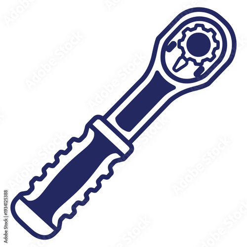 Illustration of a ratchet wrench in dark blue with a textured handle for grip and a cog wheel mechanism