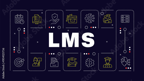 LMS dark blue word concept. Personal growth. Artificial intelligence. Learning management system. Horizontal vector image. Headline text surrounded by editable outline icons. Hubot Sans font used