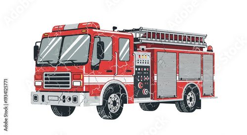 Vintage red fire truck with distressed texture, isolated on white.