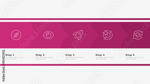 Business development strategy pink horizontal frame timeline infographic 5 steps. Effective startup launching. Upgrading company. Editable thin line icons diagram process. Lexend font used