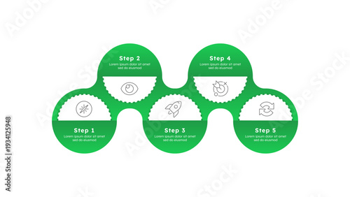 Business development strategy green round horizontal timeline infographic 5 steps. Effective startup launching. Upgrading company. Editable thin line icons diagram process. Lexend font used
