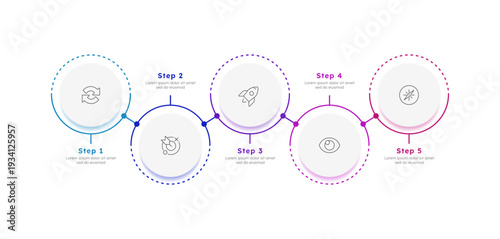 Business development strategy multicolor circle horizontal timeline infographic 5 steps. Effective startup launching. Upgrading company. Editable thin line icons diagram process. Lexend font used