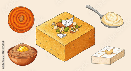 Assorted desserts including cake, sauce, and toppings on a neutral background, viewed from directly above