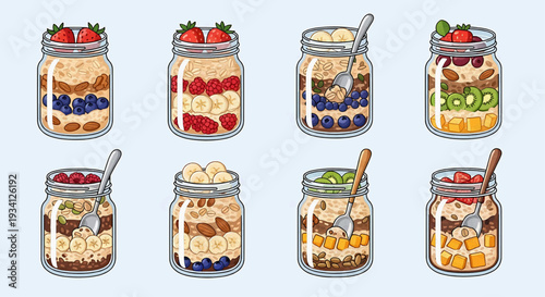 Assorted breakfast jars with fruit and oatmeal displayed in a grid pattern, viewed from directly above