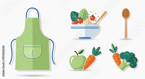 Preparing a healthy meal with fresh vegetables and fruits, surrounded by cooking utensils and wearing an apron, viewed from directly above