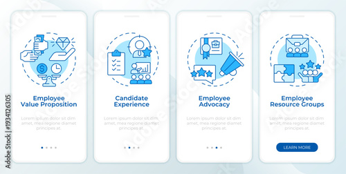Employer branding components blue onboarding mobile app screen. Hiring. Walkthrough 4 steps editable graphic instructions with linear concepts. UI, UX, GUI. Montserrat SemiBold, Regular fonts used