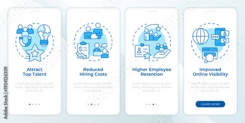 Employer branding importance blue onboarding mobile app screen. HR. Walkthrough 4 steps editable graphic instructions with linear concepts. UI, UX, GUI. Montserrat SemiBold, Regular fonts used