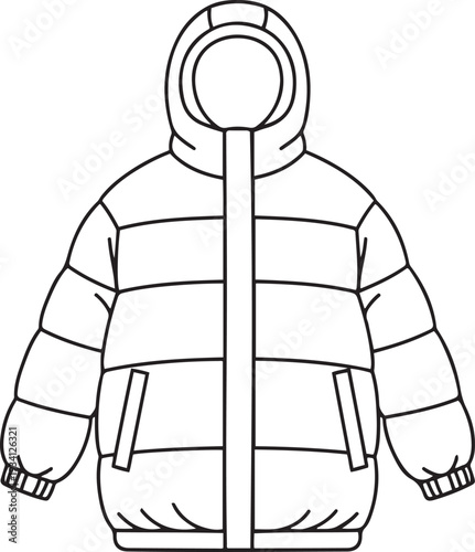 Black and white outline of a puffer jacket with hood and pockets clothing outerwear