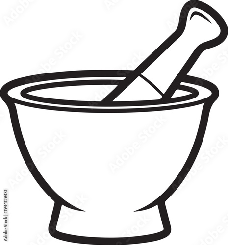 Black and white outline of a mortar and pestle kitchen tool grinding mixing laboratory equipment