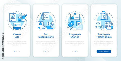 Employer branding content and channels blue onboarding mobile app screen. Walkthrough 4 steps editable graphic instructions with linear concepts. UI, UX, GUI. Montserrat SemiBold, Regular fonts used
