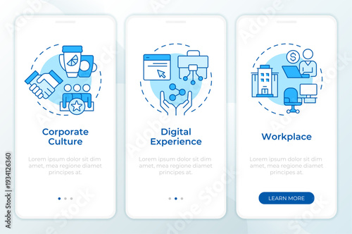 Employee experience equation blue onboarding mobile app screen. Hiring. Walkthrough 3 steps editable graphic instructions with linear concepts. UI, UX, GUI. Montserrat SemiBold, Regular fonts used