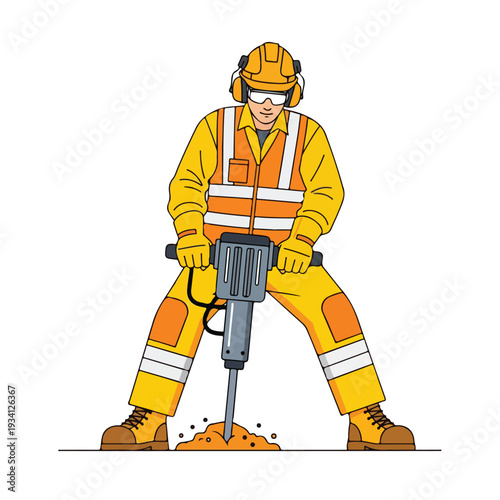 A cartoon illustration of a construction worker in a yellow and orange uniform operating a jackhammer on the ground with a solid white background.