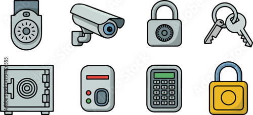 Security system equipment icons including surveillance camera combination lock keys safe and biometric scanner.