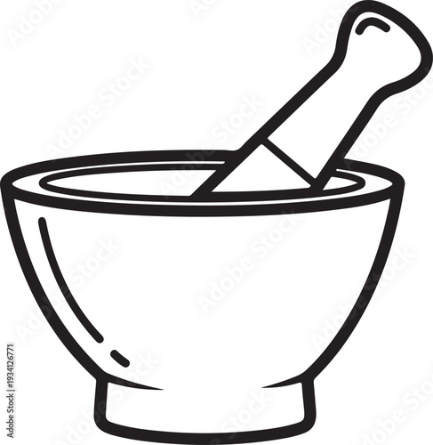 Black outline mortar and pestle on white background grinding crushing mixing herbs