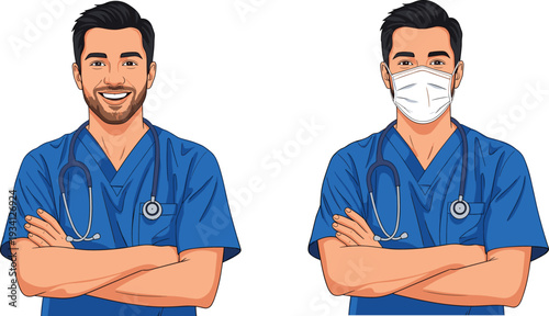 Male doctor character with and without face mask, healthcare professional in medical scrubs isolated on white background illustration