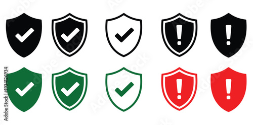 Safety Shield Symbols with Check Mark and Exclamation Graphic Illustration