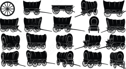 Vintage western wagon silhouettes and horse carriage icons set, cad drawing flat vector illustration, pioneer transportation for wild west design.