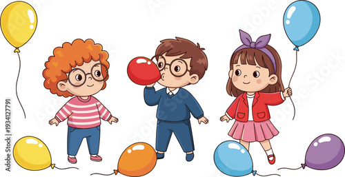 Three Kids Playing with Colorful Balloons, Fun and Joyful Children Illustration for Parties, Playtime, and Outdoor Activities