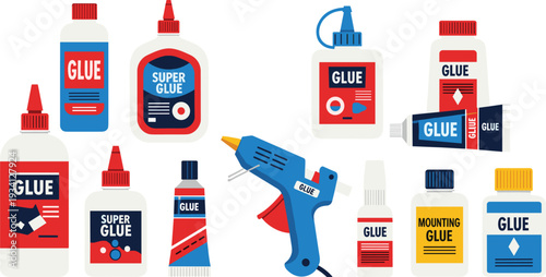 Glue and adhesive products vector collection with super glue bottles tubes and hot glue gun