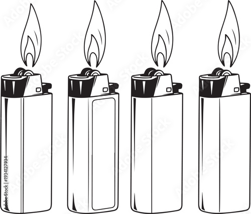 Four black and white line of disposable lighters with flames fire ignition 2