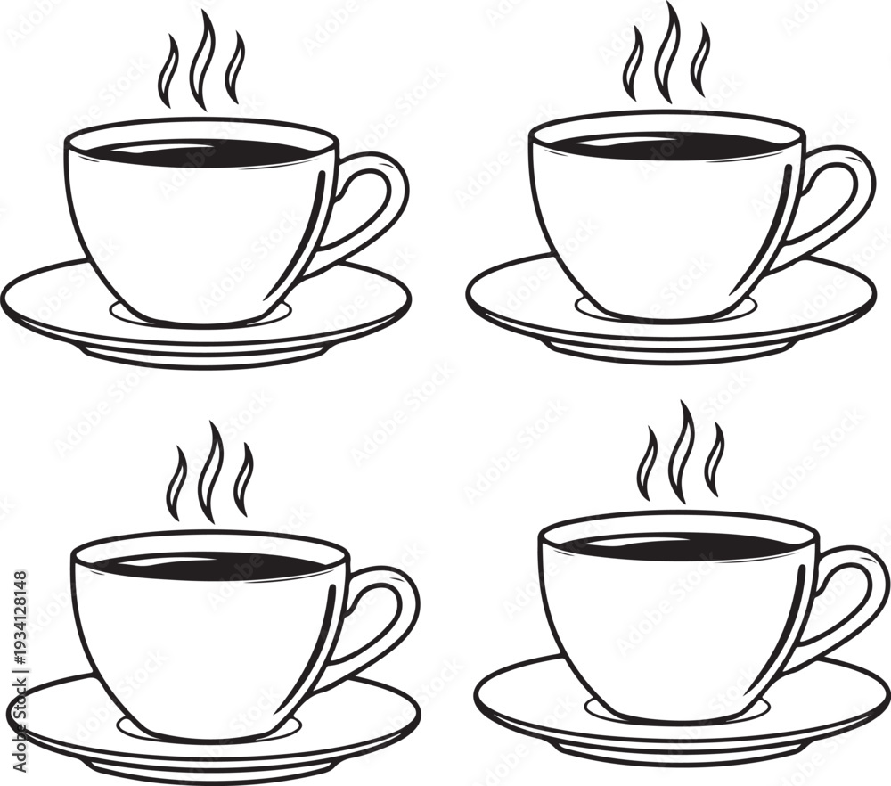 Obraz premium Four black and white line of steaming coffee cups on saucers hot drink beverage