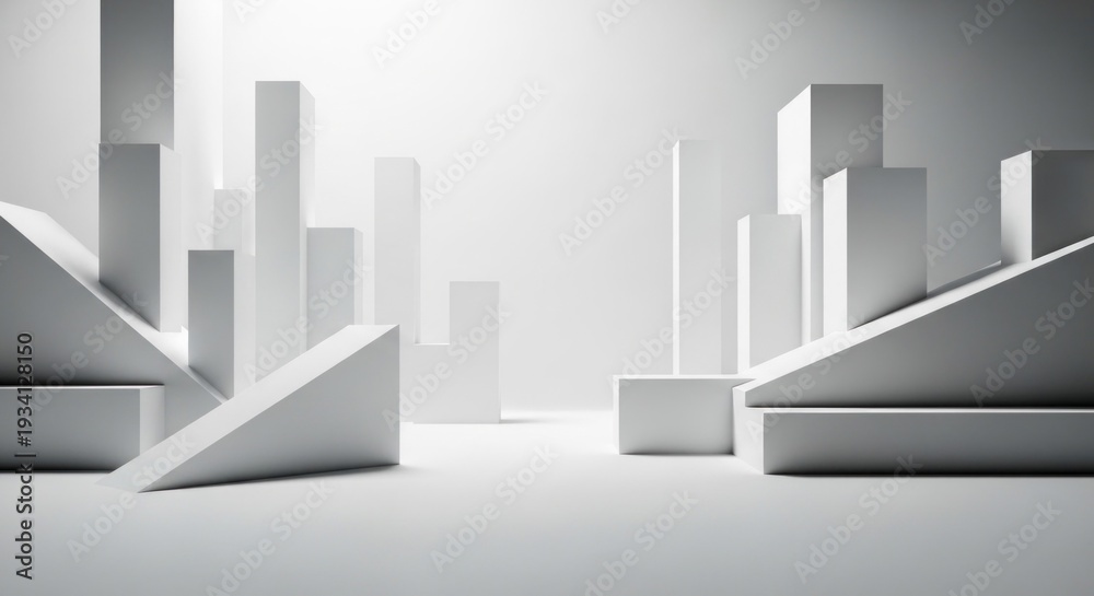 Fototapeta premium A minimalist cityscape with white buildings and a clear sky, featuring a modern design with geometric shapes and clean lines.