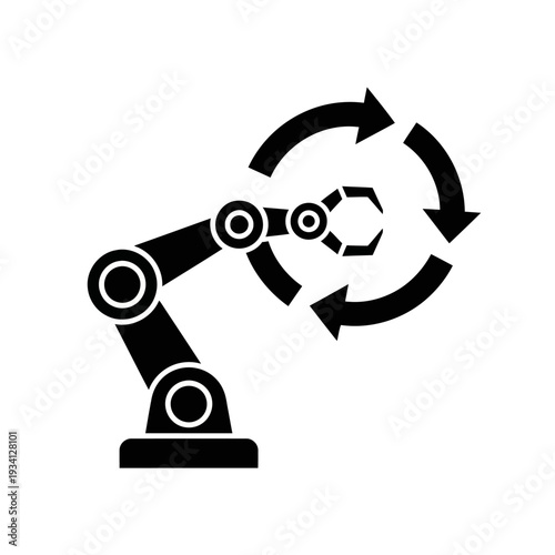 A robotic arm with a circular motion icon on a white background