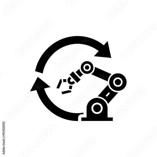 A robotic arm is depicted in a circular motion with arrows