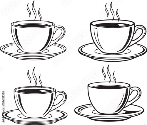 Four steaming cups of coffee or tea on saucers in black and white line coffee cup tea cup hot drink beverage