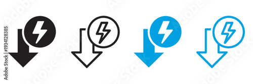 Downward Arrow with Lightning Bolt Icon Set, energy decrease, power drop symbols, four vector icons, electricity, minimal design, isolated on white