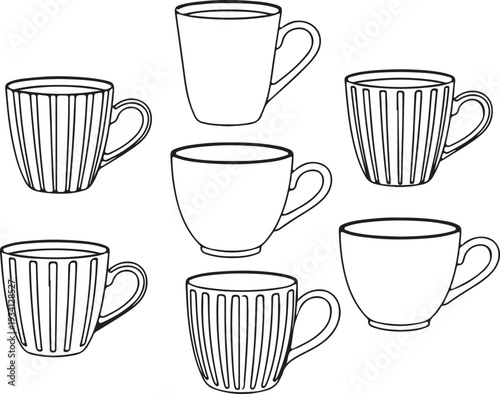 Six black and white line of ceramic mugs with handles coffee cup tea cup drinkware