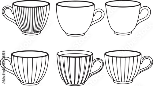 Six black and white line of ceramic cups with handles coffee cup tea cup